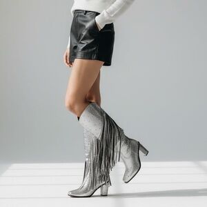 Maximalist Knee High Rhinestone Western Boots Silver Women’s 7.5